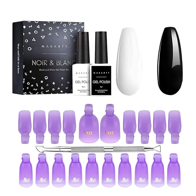Makartt Gel Nail Polish Remover Clips Kit, Gel Nail Polish Kit, 20 Pcs Resuable Finger and Toenail Acrylic Nail Polish Remover Wraps, 2Pcs Black White Nail Polish Gel Set for Nail Art Salon DIY