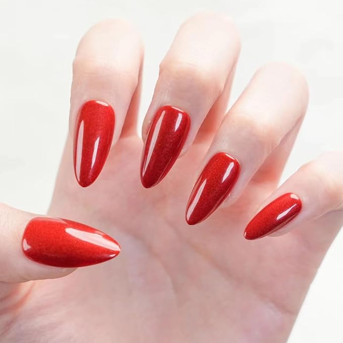 30Pcs Almond Press On Nails - Supremely Fit & Natural Soft Gel Almond Nails,15 Sizes, Reusable Fake Nails Kit with Gift Box for Women (Shiny Red)