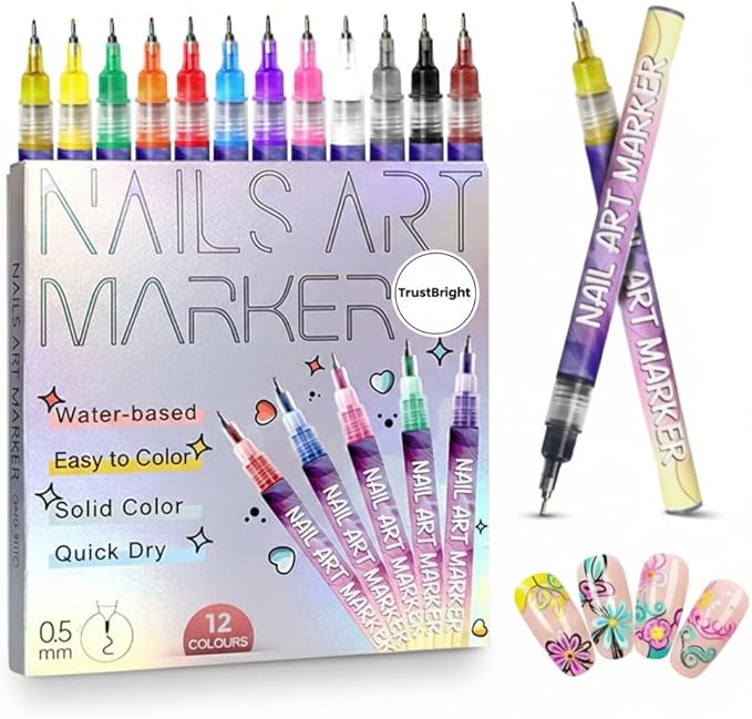 12 Colors Nail Art Pens Set, Fine Tip Nail Art Markers & Nail Polish Pens for DIY Nail Art, Manicure Design, Home & Salon Nail Kit Accessories