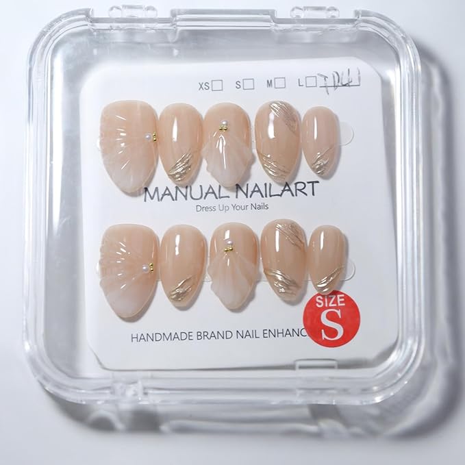 10 Short Almond Handmade Press On Nails | Nude 3D Seashell & Gold Brushstroke Design with Pearl Accents | Salon-Quality, Easy Apply/Remove, Reusable & Long-Lasting (251211, XS)