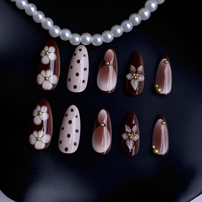 Flower Press on Nails Almond Fake Nails Polka Dot False Nails Medium Brown Nails Press Ons with Gold Rhinestones Design Glossy Stick on Nail Embossed Flower Glue on Nail for Women 24Pcs