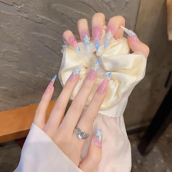 3D Floral Press On Nails Long Stiletto Fake Nails – Elegant Handmade Ombre Nail Art with Lilies Flowers Designs, Multi-Layer Gel Reusable Acrylic Nails for Women (3D Lily Ombre, S)