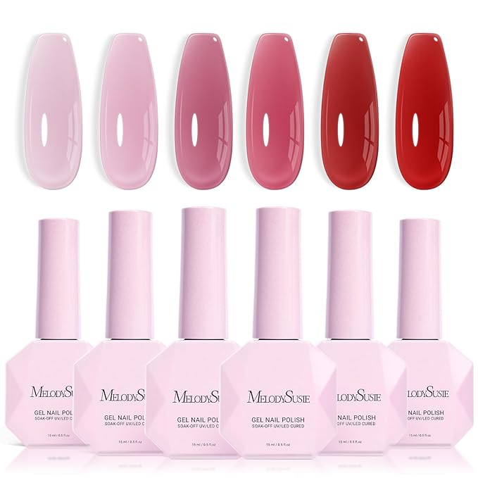 MelodySusie Jelly Gel Nail Polish Set,6 Transparent Colors,Milky or Jelly Texture,Strawberry Pink Colors Soak Off UV LED Light Cure or Salon Manicure and Nail Art DIY at Home 15ML 0.3Fl Oz