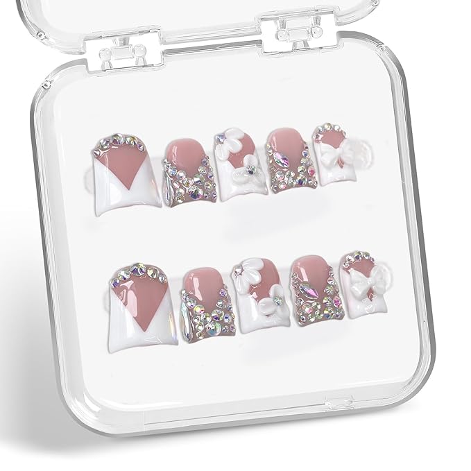 Handmade Press on Nails Rhinestone French Tip Fake Nails Muti-Layer Gel Short Duck False Nail with Luxury 3D White Flower Bow Design Full Cover Thicked Acrylic Nail Stick on Nail for Women (S)