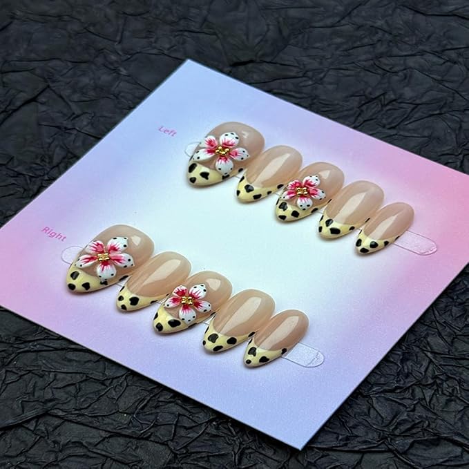 100% Handmade Press on Nails Medium Almond Handmade Nails with Pink Flower Charm Design Leopard Prints French Tip Fake Nails Glossy Skin Tone Nail Press ons Spring Summer Nail for Women Size L 10Pcs