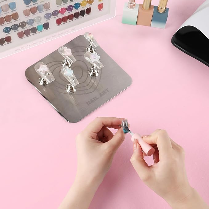 TADOPRO Nail Stand for Press Ons, Nail Holder for Painting Nails, Press on Nail Stand for Nail Art with Magnetic Metal Base Nail Art Home DIY & Salon Use(sliver01)