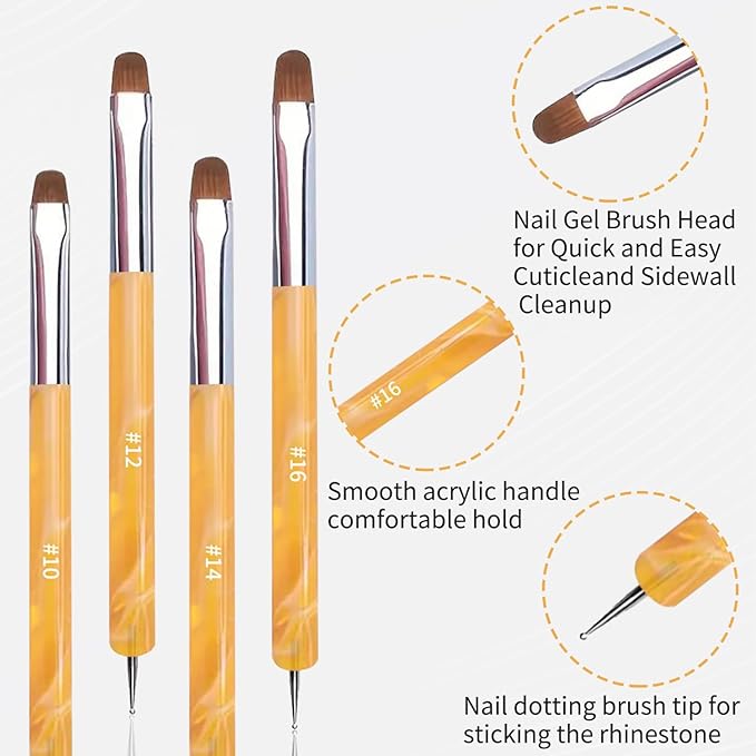 4Pcs French Tip Brush, Double-Ended French Brushes for Nails with Dotting Tool, Clean Up Brush for Gel Nail Polish, Size 10/12/14/16, Acrylic Nail Art Brushes, Manicure Tools for Nail Design-Yellow
