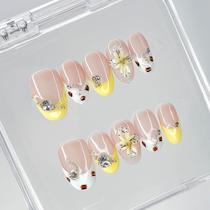 Luxury Press on Nails Medium Almond Handmade 3D Unique Reusable ABS Material Fake Nails French Tip False Nails with Designs Rhinestones Floral Art Petal Glossy Glue on Nails Thick Acrylic Nails(S)