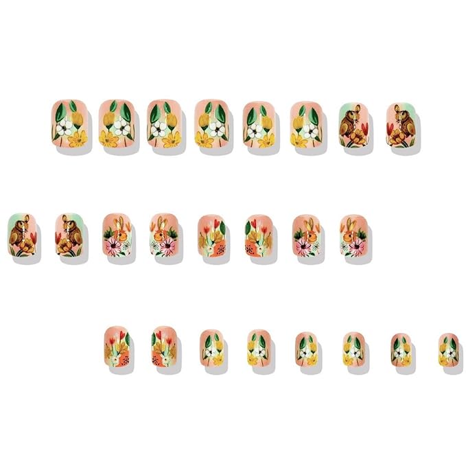 Easter Fake Nails Festive Short Square Press on Nails with Cute Bunny Colorful Flower Designs Glossy Pink False Nails Full Cover Spring Easter Rabbit Acrylic Nails Stick on Nails for Women 24 Pcs