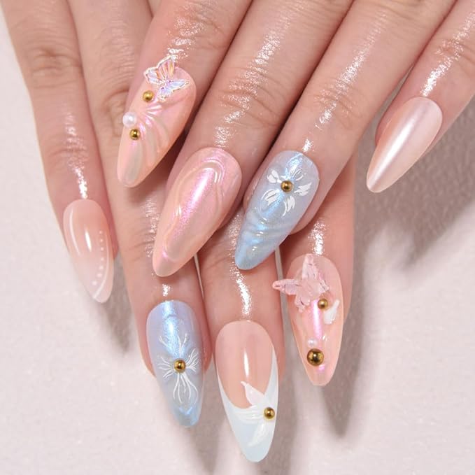 3D Press on Nails Medium Almond with Butterfly Floral Design, Nude Blue Neon French Nail Press ons Glossy Stick on Nails for Women Reusable with Kit, Stick on Cute Fake Nail with Designs Perfectly Fit