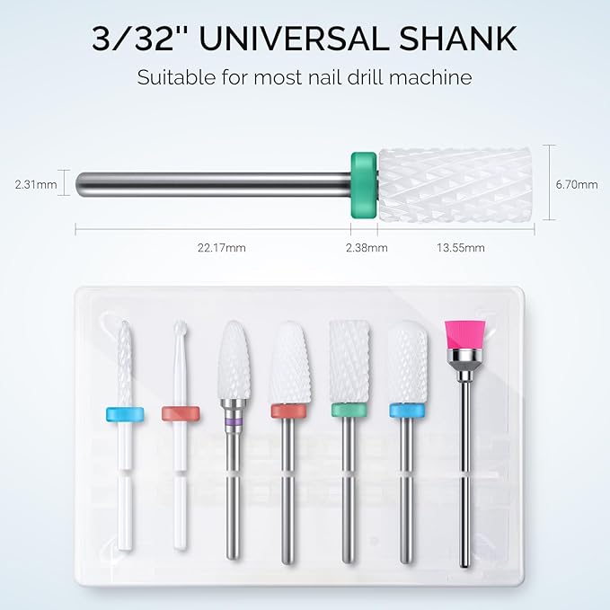 MelodySusie Ceramic Nail Drill Bits Set, 3/32'' (2.35mm) Professional Acrylic Nail File Drill Bit for Manicure Pedicure Cuticle Gel Nail Polishing 7Pcs