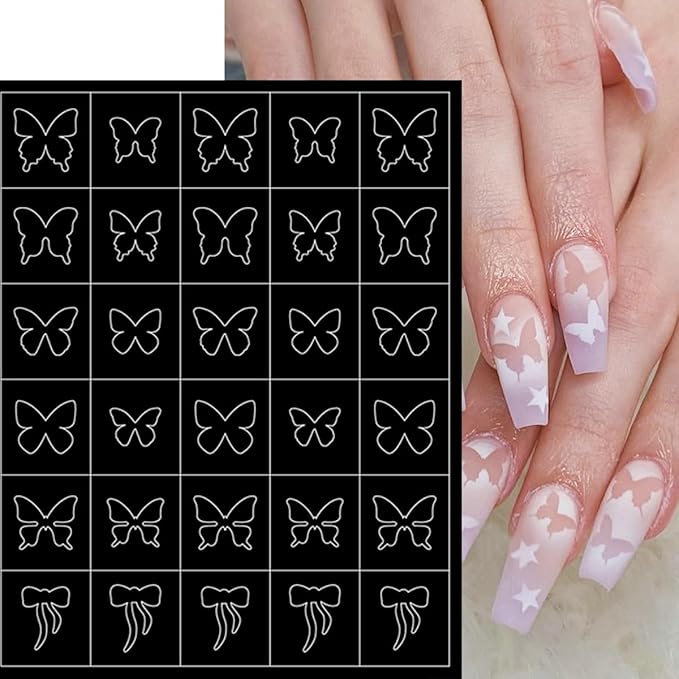 6 Sheets Heart Flower Nail Guides 3D Flame Heart Butterfly Star Nail Art Stickers Airbrush Nail Stencils Stickers Supplies Hollow Guides Nail Decals for Women Acrylic Nails Decoration Stencil Tools
