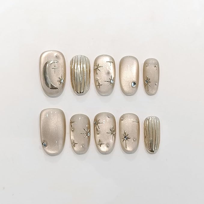 Handmade Press on Nails Short Oval,Cat Eye Fake Nails with Mirror Star Moon Designs,Soft Gel Ethereal Edgy French Retro Nails Kit with Tools,Shimmer Glossy Glue on Nails Short for Women(XS)