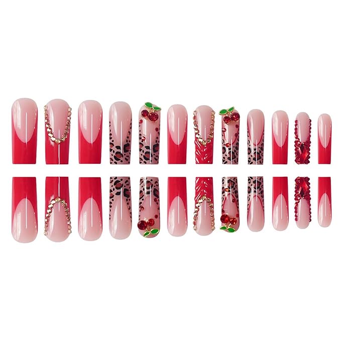 Red French Tip Press on Nails Long Square Fake Nails Glossy Glue on Nail with with Bow Charm Rhinestone Bling Acrylic False Nails Brown Cheeatah Artificial Nails Stick on Nail for Women