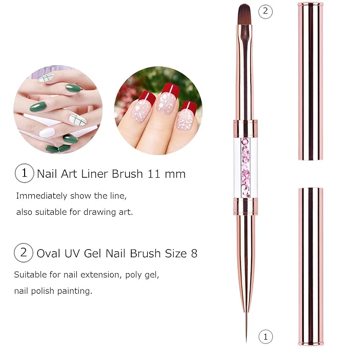 1Pcs Dual-ended Nail Design Brushes Rhinestone Handle Nail Art Liner Brush UV Gel Nail Polish Brush Rose Gold