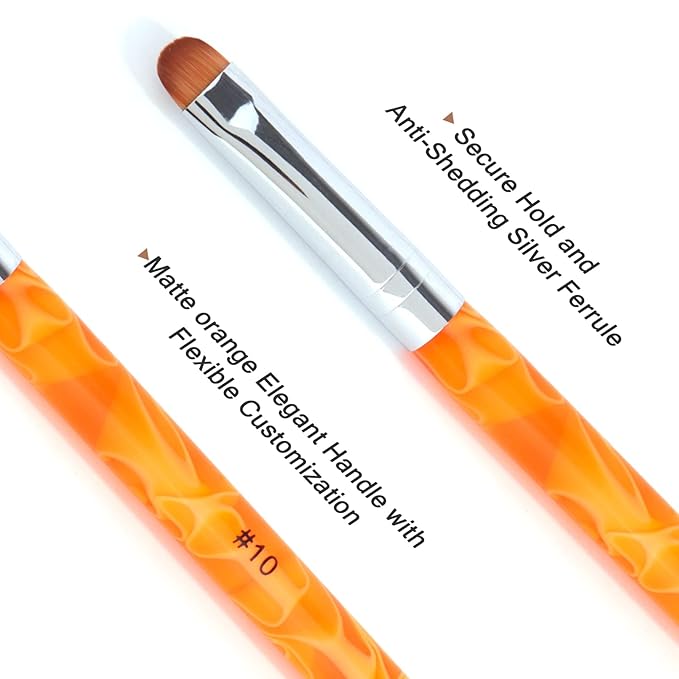French Manicure Brush - Two Way Nail Art Brush with Dotting Tool for Manicure Cuticle Clean Up - Professional Salon Quality, Nail Dotting Pen (10#, Orange)