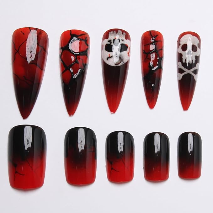 Blood Press on Nails,Halloween Fake Nails | Witch Nails with Scary Skull Designs,Long Stiletto & Square Acrylic Nails,Stick on Nail for Women Girls | Halloween Nail Art Decor 24Pcs