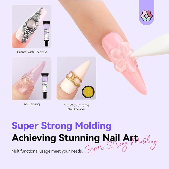 SAVILAND Clear 3D Nail Gel Kit: 15g No Wipe 3D Sculpting Gel with Metallic Gold Silver Chrome Powder for Nail Art Carving, Molding & Painting Home DIY Salon Manicure Supplies