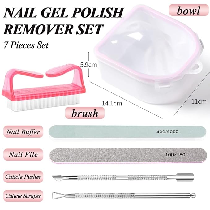 Nail Soaking Bowl, Gel Nail Polish Remover Kit, Manicure Bowl for Hand, Dip Powder Remover Tools, Nail Soak Off Bowl for Acrylic Nails, Nail Brush, Cuticle Pusher, Cuticle Peeler, 100180 Nail File,
