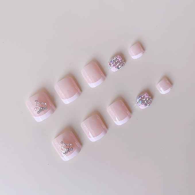 White French Tip Press On Toenails Short Square Fake Toes with 3D Crown Design Flower Rhinestone Glue on Toe Nails Shiny Bling Summer False Toenails Reusable for Women Girls Foot Manicure 24pcs