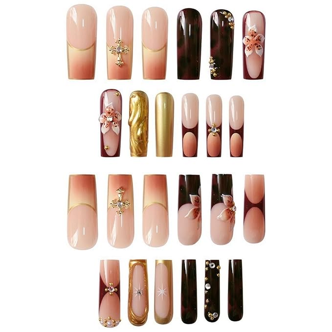 Long Square Press on Nails MABKJLF 3D Gold Curve Line Nails Floral Fake Nails French Tip False Nails with Rhinestones Leopard Print Designs Glossy Glue on Nails for Women Girls 24Pcs
