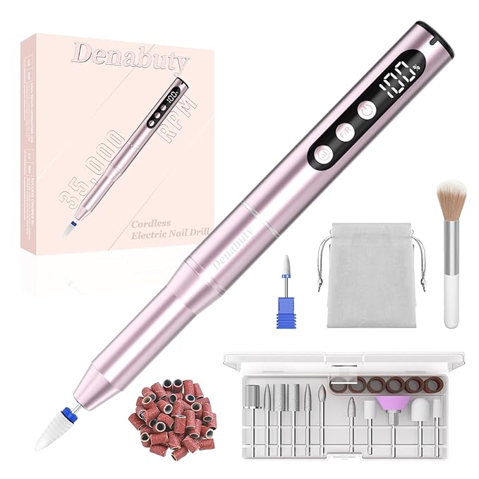 Electric Nail Drill Cordless, 35000RPM Portable Electric Nail File with LCD Display and 12 Nail Drill Bits for Acrylic & Gel Nails, Professional Manicure & Pedicure Kit Set Pink