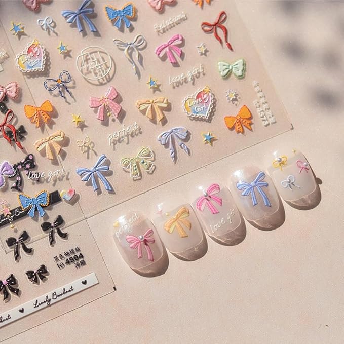 Bow Nail Stickers Decals Cute Nail Art Stickers Colorful Nail Decals 5D Self Adhesive Bow Knot Nails Art Decals Nails Charms Supply for Women Girls Kid Manicure Decoration Accessories 2 Sheets