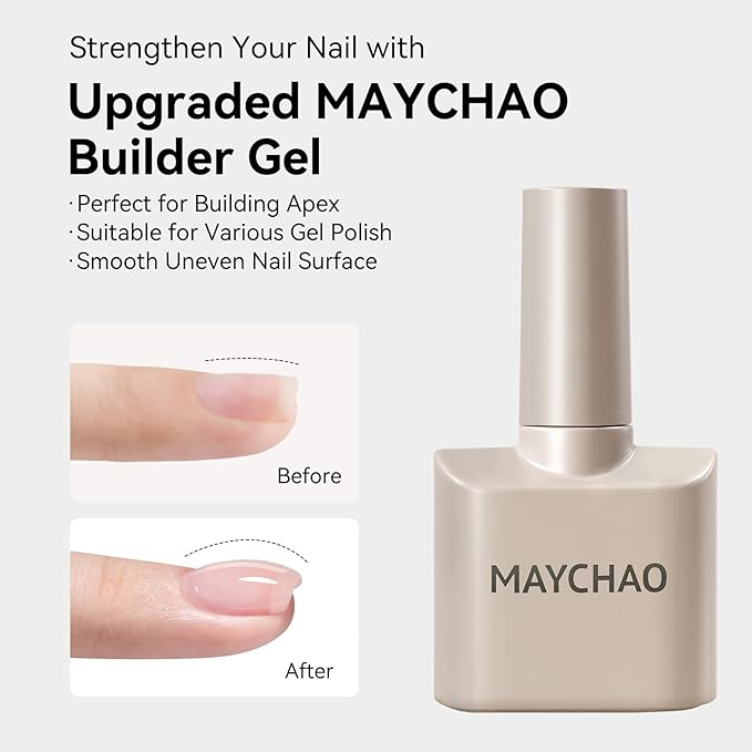 MAYCHAO 2 Pcs Gel Top Coat and Builder Gel Base Set- High Gloss Shiny Long Lasting Base Builder Nail Polish, Soak Off Nail Art Home and Professional Manicure