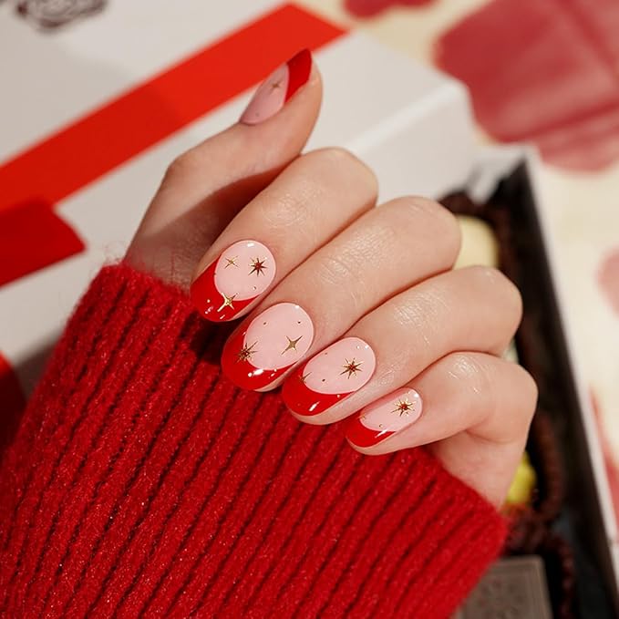Semi Cured Gel Nail Strips - 20Pcs Red French Tip UV Gel Nail Wraps with Gold Star Design, Long Lasting Salon-Quality Stickers, Includes Nails File & Wooden Stick - UV/LED Lamp Required