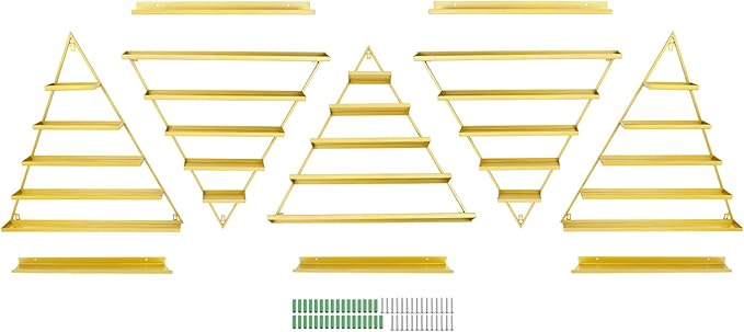 10PCS Gold Wall Mount Nail Polish Display Racks, 5 Tier Triangular Nail Polish Racks for Salon and Shop, Includes Horizontal Bars for Nail Polish and Cosmetics Storage