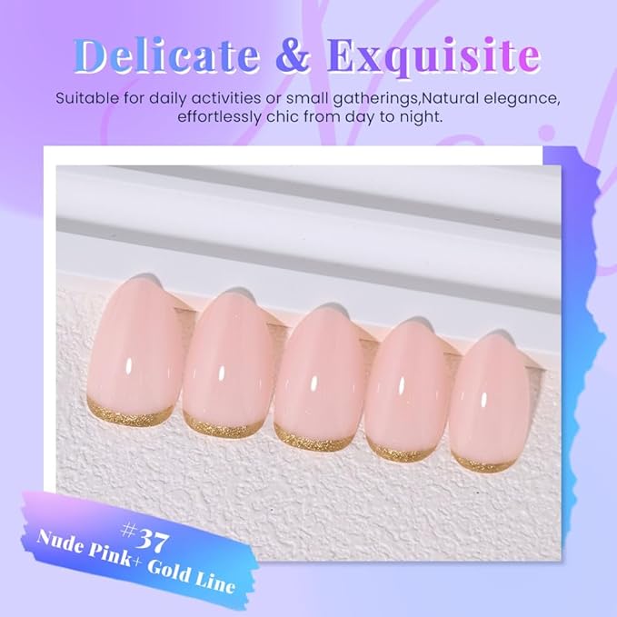 Short Almond Gold Reverse French Press On Nails, Golden Artificial Fake Nails Design, Acrylic False Nails Design, Suitable for Birthday Parties,Wedding. Kit for Women DIY False Nail Art Gift.
