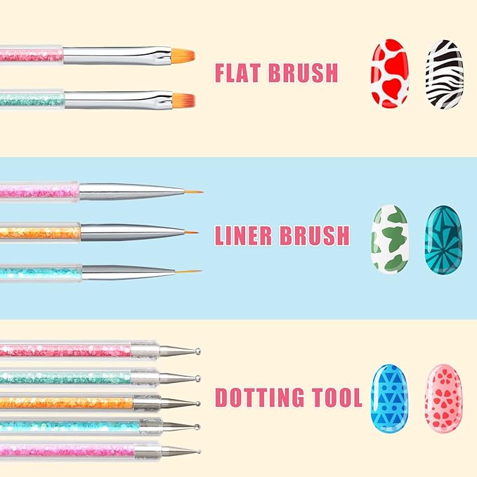 TEOYALL Double-Ended Nail Art Brushes, 5 PCS Nail Design Tools Kit Including Nail Liner Brush and Nail Dotting Pens for UV Gel Nail Home Salon