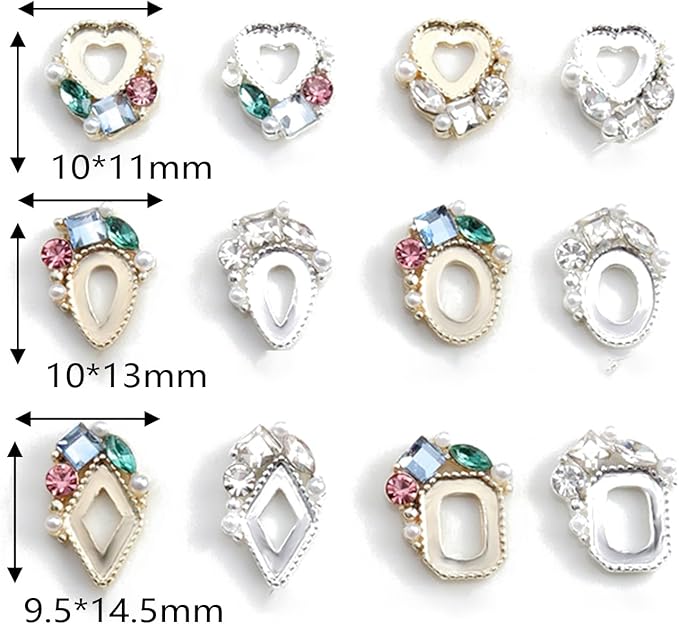 12 PCS Heart Diamond Frame Nail Charms - Sparkling Metal Nail Decorations for Korean Nail Art Designs