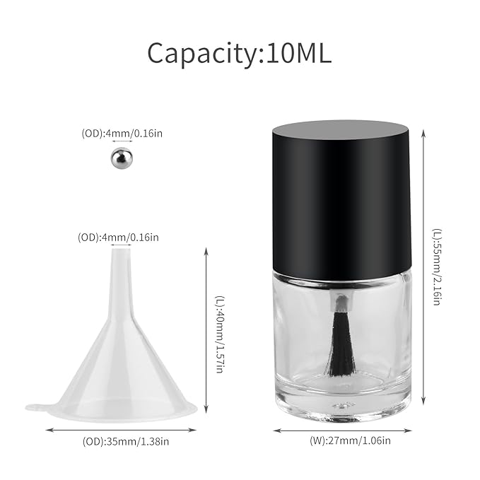 GTHER 6PCS 10ML Empty Nail Polish Glass Bottles with Brush Cap & Funnel & Mixing Balls for Nail Art