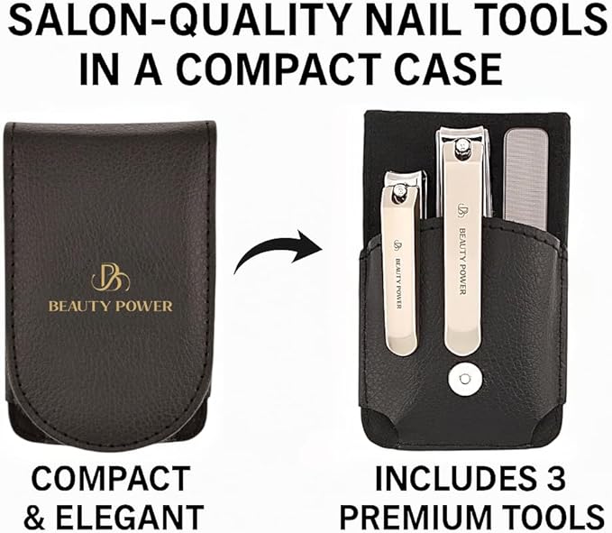 Nail Clippers Set 3 in 1 - Stainless Steel Toe Nail Clippers, Fingernail Clipper, Glass Nail File, Anti Splash, Ergonomic Grip in PU Leather Travel Case for Men & Women - Valentine's Gift