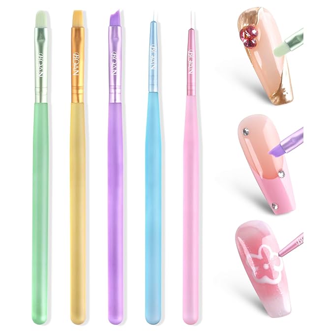 BQAN Nail Art Brushes Set，5pcs Nail Brushes for Nail Art with Flat, Round, French Gel Brushes & 2 Liner Brushes，Nails Design Tools for Home DIY or Professional Salon Use