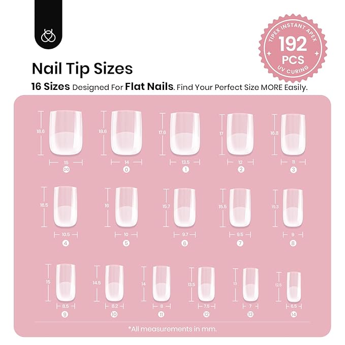 Beetles Tipex Instant Apex Nail Tips Extra Short Square: 192 Pcs Pre-Building Pre-Etched Full Cover Half Matte Thick Acrylic Nail Tips 16 Sizes