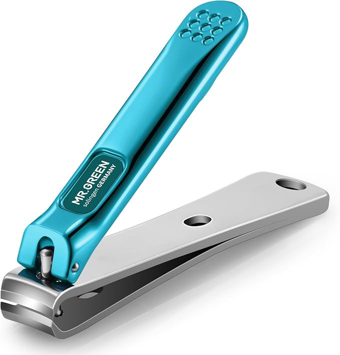 MR.GREEN Nail Clippers Curved Blades Fingernail Cutter Nippers Manicure Scissors Stainless Steel Pedicure Tools with Nail Flies (Medium-Blue)