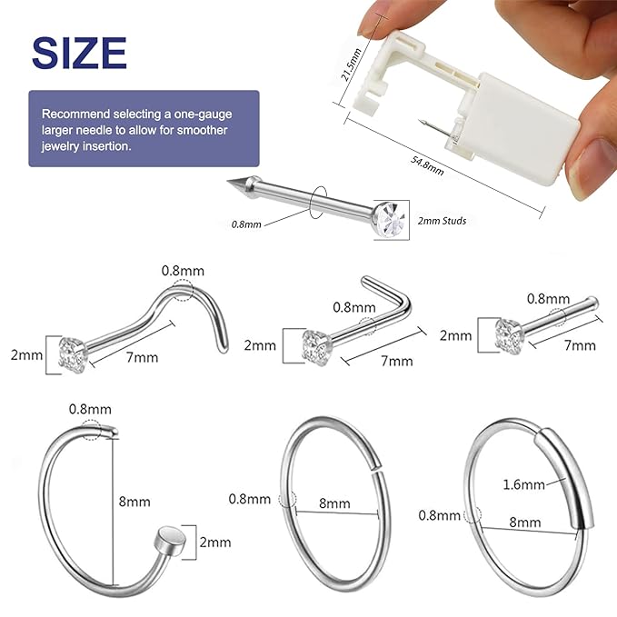 Yugui Nose Piercing Gun Kit 20G Nose Piercing Rings, Nails with Nose Piercing Guns Disposable Piercing Clamps Gloves Clean Pads for Beginners Home DIY Self Body Piercing Tools Kit Supplies