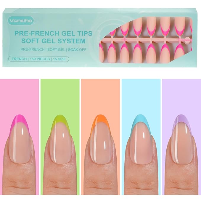 150Pcs Gel Nail Tips Almond, Vansiho French Tip Press on Nails, Medium Almond Nail Tips, Pre-French Tips Press on Nails, Acrylic Fake Nails for Nail Art DIY 15 Sizes