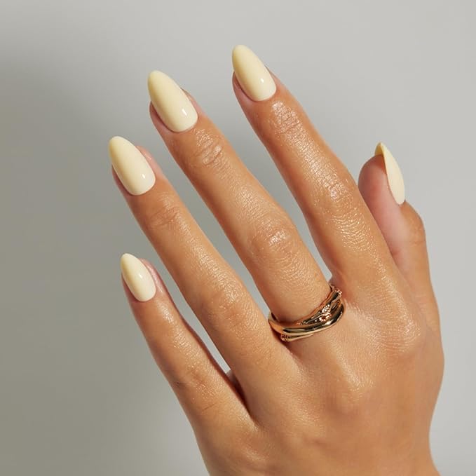 LAMIMOSA 32Pcs Solid Press On Nails Short Almond – Soft Gel Fake Nails in 16 Sizes, Butter Yellow Glue on Nail kit, BUTTERCUP