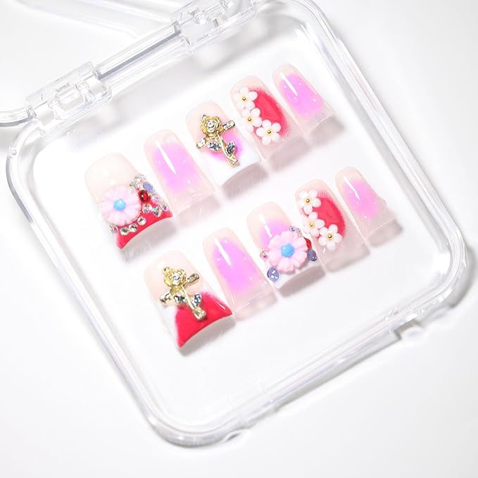 10Pcs Duck-shaped Handmade Press On Nails | French Style with 3D Floral & Rhinestone Decor | Easy to Apply, Remove & Reusable, Salon - Quality (251202, S)