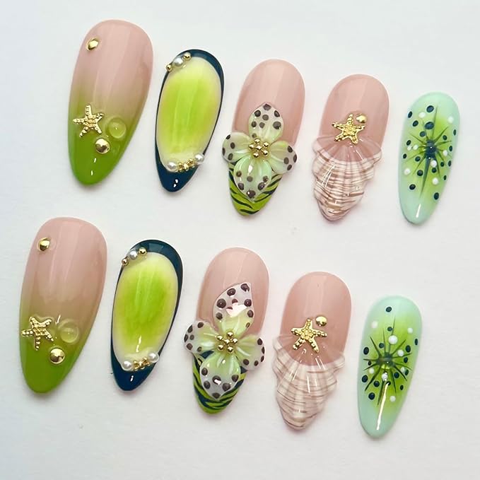 Luxury Press on Nails Medium Almond Handmade 3D Unique Reusable ABS Material Fake Nails Green French Tip False Nails with Designs Starfish Floral Art Petal Glossy Glue on Nails Thick Acrylic Nails(M)
