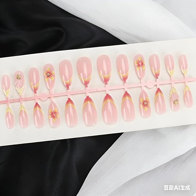 French Tip Fake Nails Medium Almond Press on Nails Flower Nails Press Ons with Rhinestones Design Glossy False Nails Pink Yellow Glue on Nail Gradient Stick on Nail for Women 24Pcs
