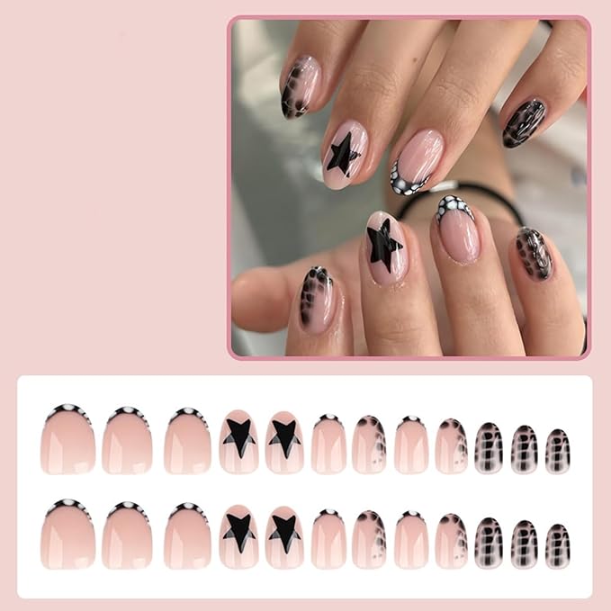 Oval Press on Nails Short Fake Nails Black Star Nails Press ons with Crocodile Print Design French Tip False Nails Glossy Acrylic Full Cover Reusable Stick on Nail for Women Manicure 24Pcs
