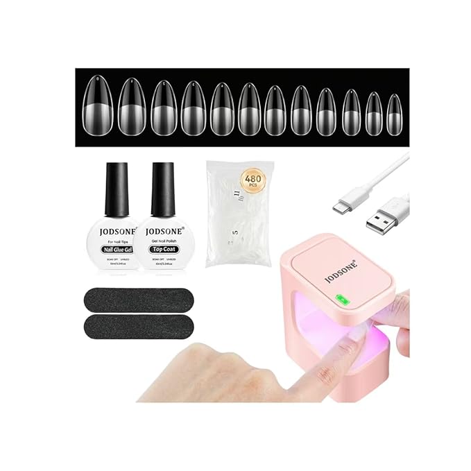 JODSONE Gel Nail Kit Short Teardrop Nail Tips 480PCS Mini Rechargeable Nail Lamp Pre Shaped Clear Full Cover Fake Nails Tips with Nail Glue & Top Coat U V LED Curing Lamp DIY Manicure Gifts for Women