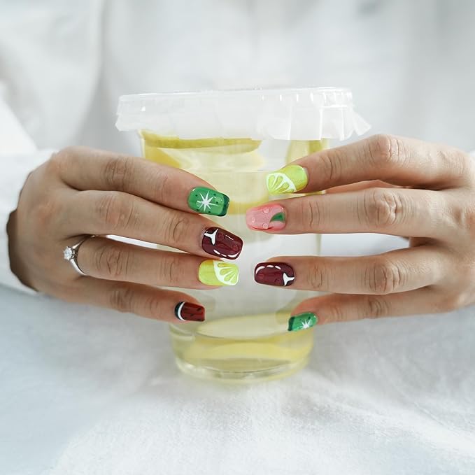 Glitter Press on Nails Short Coffin Summer Fruit Nails Cateyes with 3D Water Drop, Hand-painted Watermelon & Lemon Art, Reusable Acrylic Full Cover Fake Nails, 10pcs (Fruit Party,L)