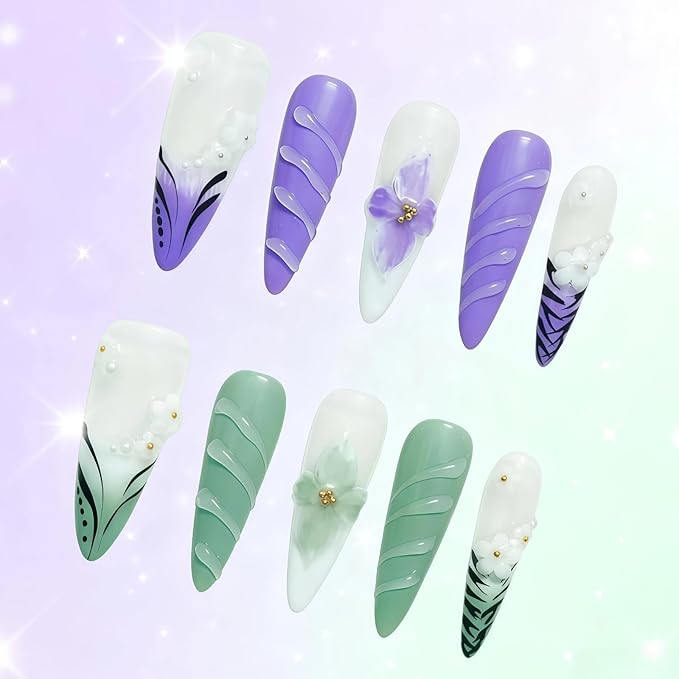 Floral Press on Nails Long Almond - French Tip Design with 3D Hibiscus Flowers Pearl Purple Green Ombre Leopard Print, Nails Arts and Crafts for Women (Flower Fairy, M)