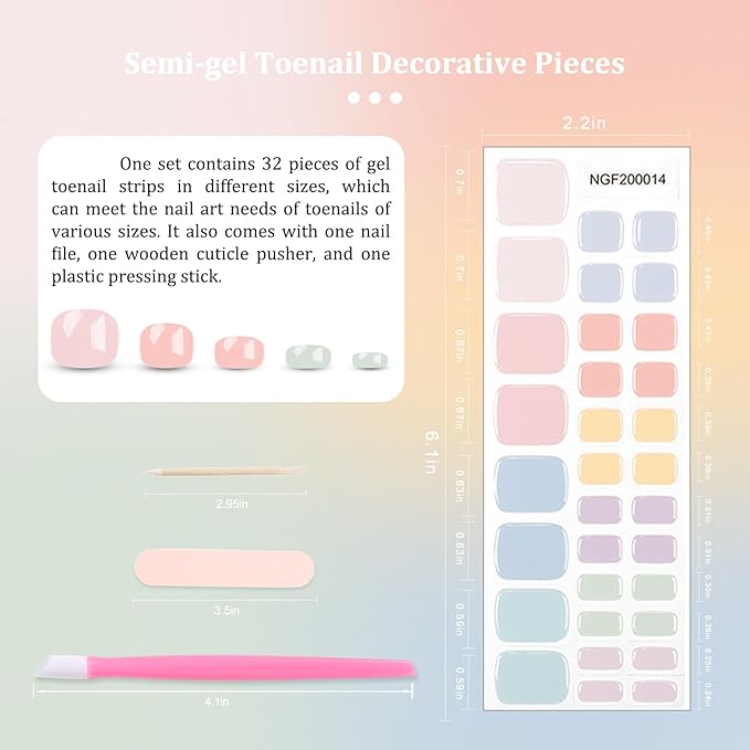 SILPECWEE Semi Cured Gel Nail Strips, Toenails Stickers Full Nail Wraps UV Light Required, Salon Quality, Easy to Apply & Remove, Toenail Strips for Women Girl (Candy-Colored Delight - 32PCS)