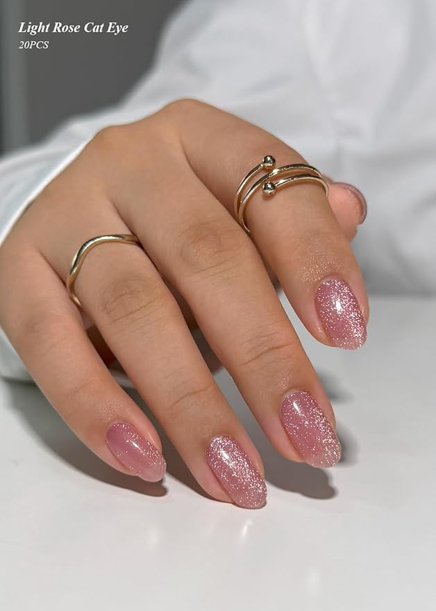 Semi Cured Gel Nail Strips (Light Rose Cat Eye), 20 Pcs Gel Nail Wraps, Stickers, Long Lasting, Works With Any Lamps